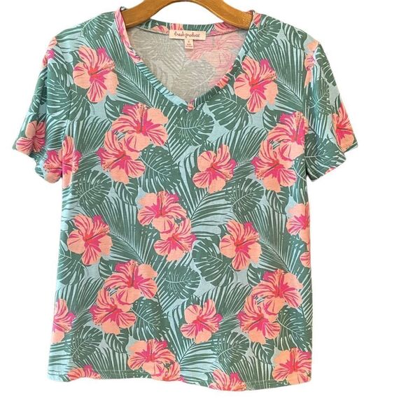 FRESH PRODUCE S Green Pink Seaglass Floral Hibiscus Casual Cotton T-Shirt - Picture 1 of 4